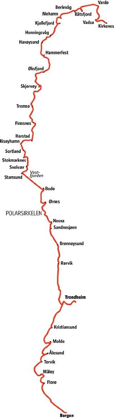 HURTIGRUTEN Anløpssteder mellom Bergen og Kirkenes. Grafikk KJELL ERIK BERG
