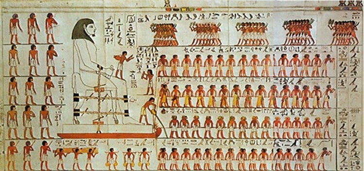 trabajadores arrastrando una estatua gigante del gobernante local Djehutihotep