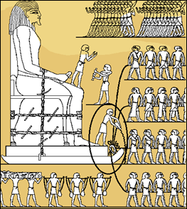 trabajadores arrastrando una estatua gigante del gobernante local Djehutihotep-